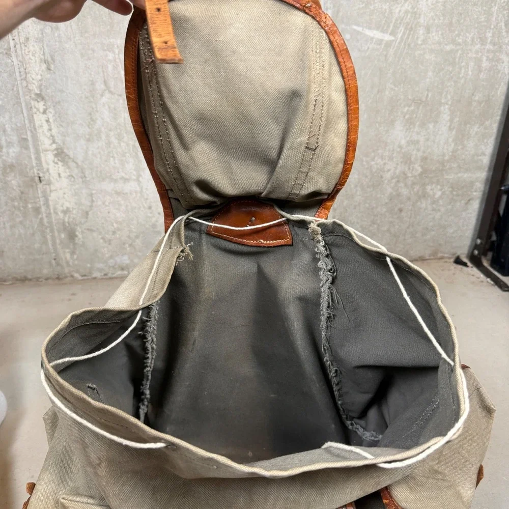 Vintage 50s Military Canvas Rucksack Leather Trim Backpack Olive Drab Norway